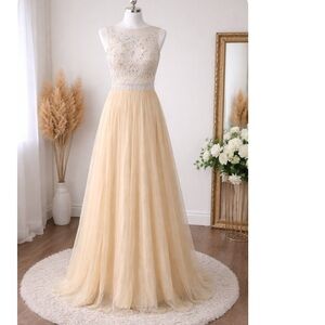 Elegant Cream Sleeveless Gown with matching gold scarf